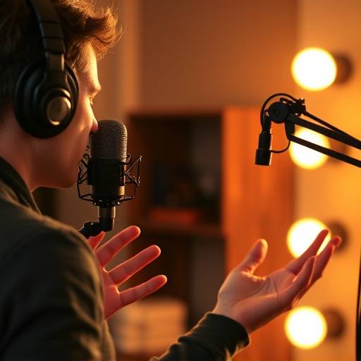A person speaking into a microphone with hands gesturing while recording a podcast