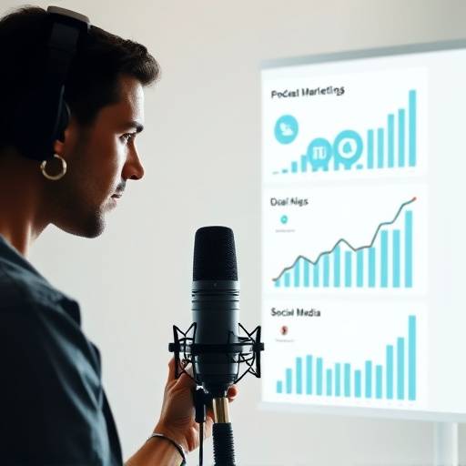 Graphic depicting podcast marketing strategies including social media and analytics