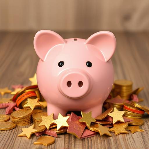 Illustration of a piggy bank with podcasting equipment around it, representing podcast monetization