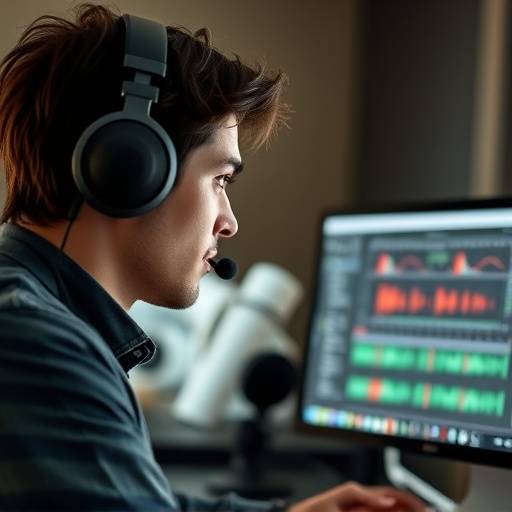 Person editing audio on a computer screen with headphones on
