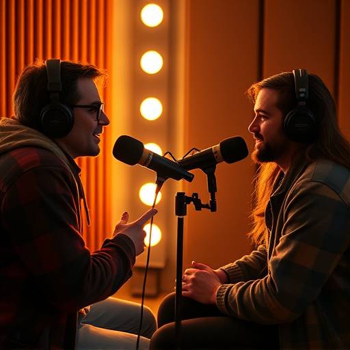 Two people sitting across from each other during a podcast interview.